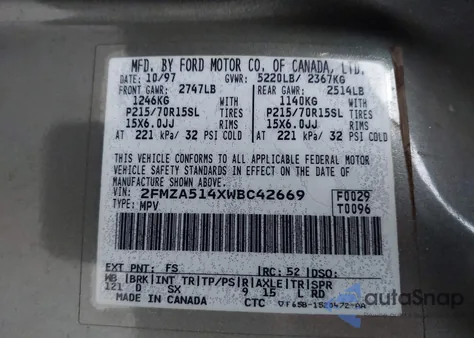 1998 Ford Windstar Gl/Limited/Lx from USA, damaged, VIN 2FMZA514XWBC42669